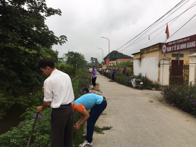Khối dân vận Đảng ủy xã Ninh Giang tổ chức dọn cỏ, chăm sóc đường hoa.